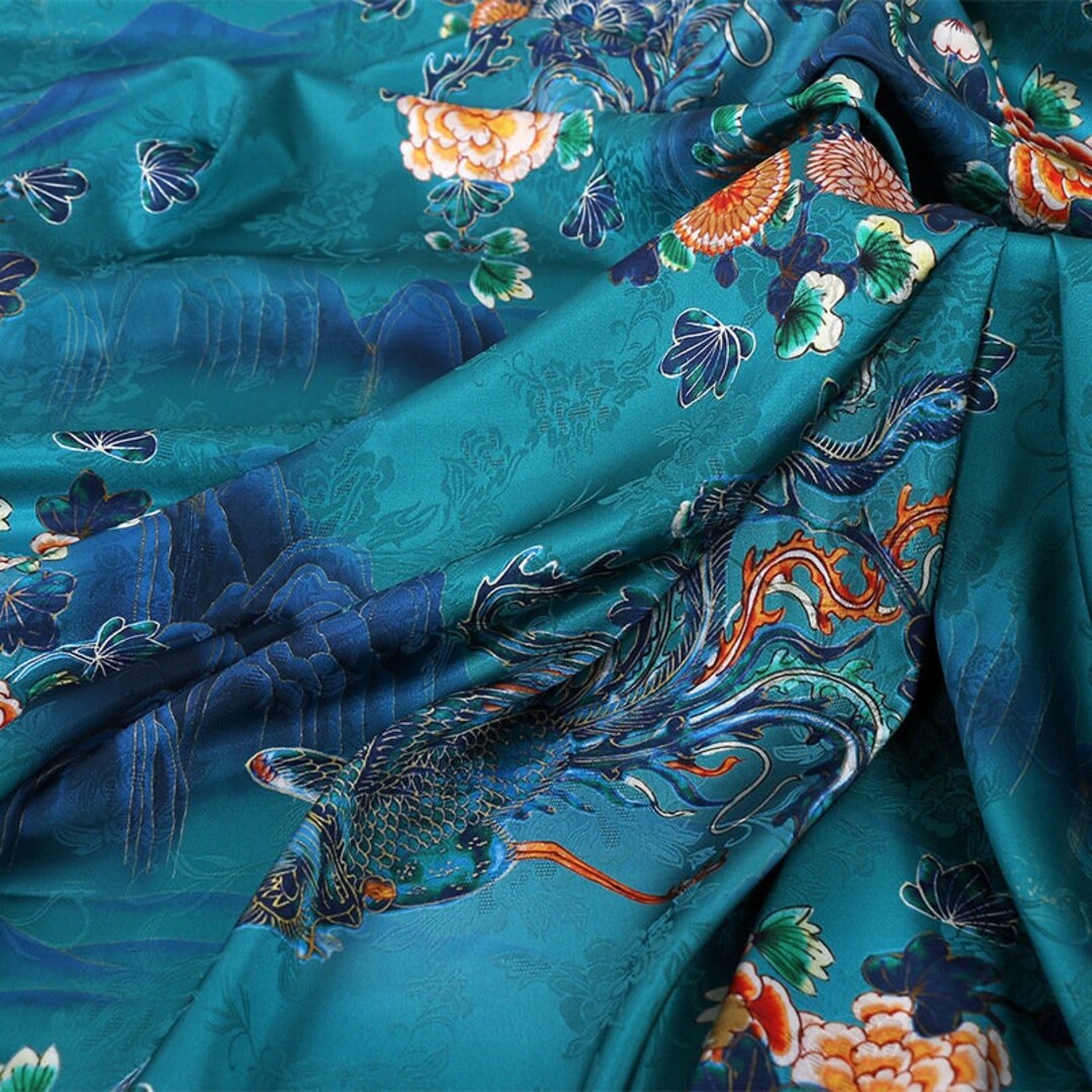59w Peacock Blue Tea Silk Satin Fabric, Digital Print, 3 Colors, Sewing