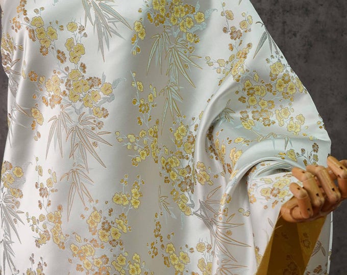 64" Song silk Brocade damask, silver yellow Rhythm, Emperor Tibetan, Upholstery, Decor, Costume, Curtain, Handbag, Sewing/Fabric by 1 meter