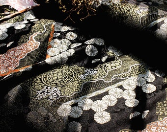 29.5" and 59"W Nishijin woven gold brocade, Jacquard chrysanthemum silk brocade by the meter, Waistband, handbag, Upholstery, Sewing fabric
