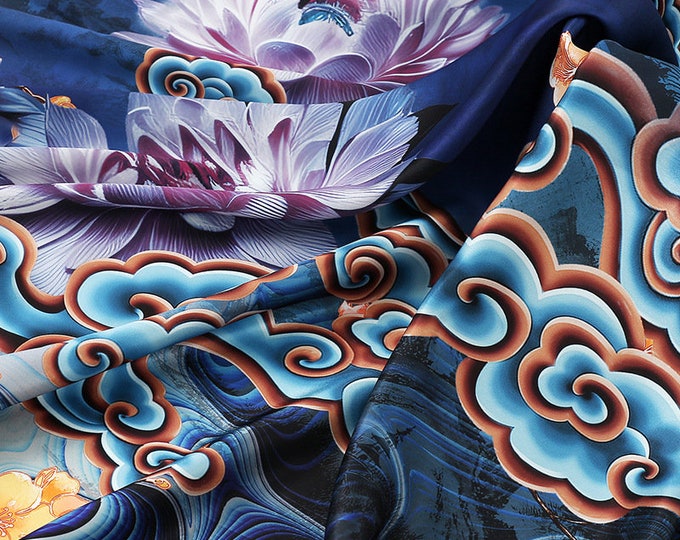 59"W Auspicious cloud Tea silk satin fabric, Digital print, 5 colors, Upholstery, Decor, Costume, Curtain, bag, Sewing, drapery, DIY/Fabric