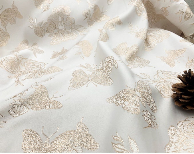 59"W Gold Thread Beige jacquard Fabric/Decorative costume dress satin fabric, Upholstery, Quilting and Sewing fabric, Gold butterfly on sale