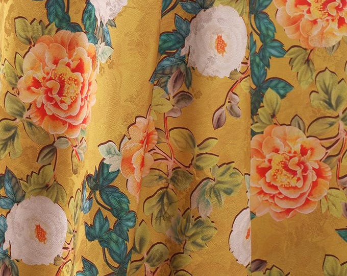 59"W Ancient peony Tea silk satin fabric, Digital print, Upholstery, Decor, Costume, Curtain, bag, Sewing, drapery, cheongsam, DIY/Fabric
