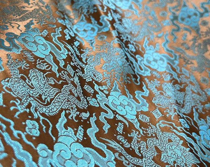 Teal coffee Chinese Dragon brocade fabric, robe, cheongsam, Tibetan robe, spinning Fabric, silk, satin, and brocade, 29.5"W