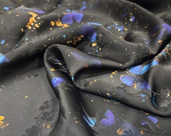Teal & Black Floral Mulberry Silk Fabric: 55"W Digital Print