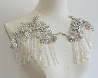 Luxury 20cm tassel Embroidered Lace Trim – Bridal Wedding Veil, Light Ivory, By Pair, sequins wedding dress, headwear, shoes, DIY accessory