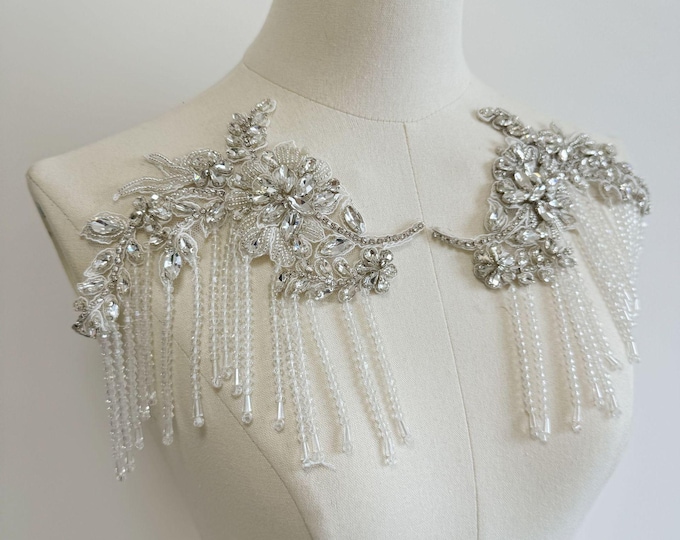 Luxury 20cm tassel Embroidered Lace Trim – Bridal Wedding Veil, Light Ivory, By Pair, sequins wedding dress, headwear, shoes, DIY accessory