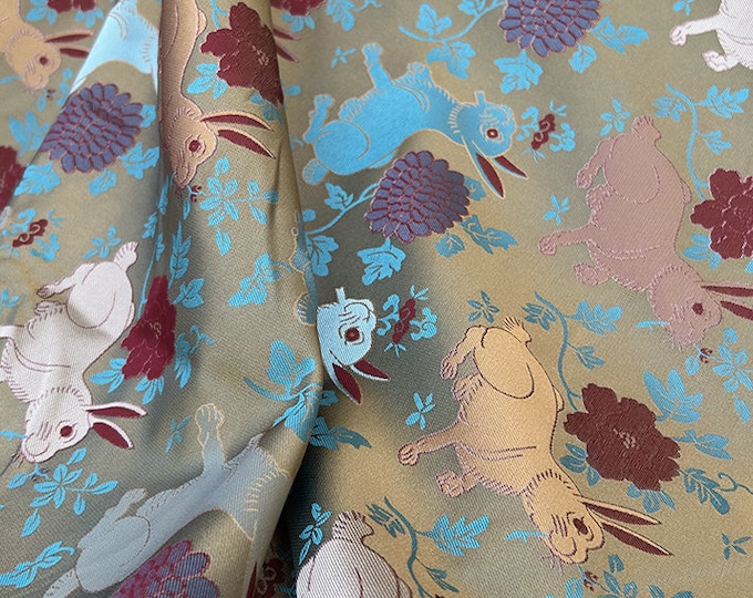 59"W gold Song Brocade Chinese Wishful rabbit Silk Brocade, Emperor Tibetan robe, cheongsam, spinning Fabric, silk rayon sewing, Quilting