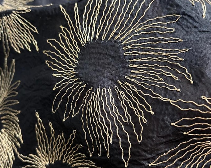 Sunflower Embroidered Mulberry Silk Fabric with Gold Thread - 45" Wide
