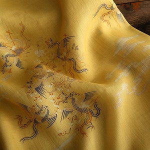 Yellow Dragon Phoenix Print Ramie Fabric: 57&quot; Wide
