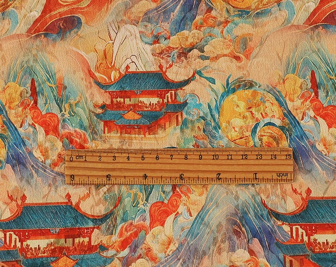 59"W Red cloud yarn flower dill ancient paintings fabric, Luxe Silken Flow, Sewing, Upholstery, Decor, Costume, Doll making/Fabric by 1 yard
