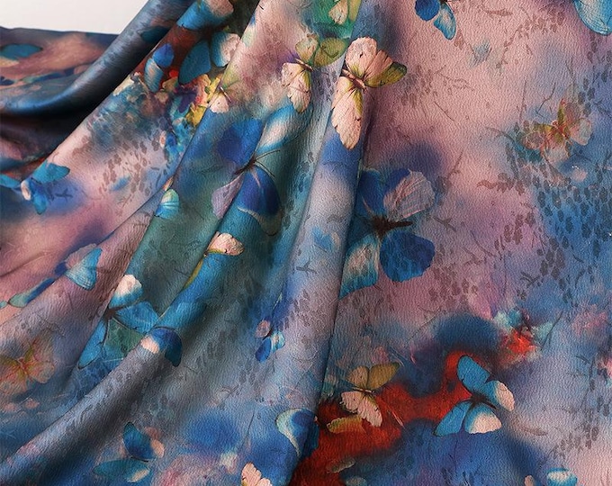 59"W Ancient butterfly Tea silk satin fabric, Digital print, 3 colors, Upholstery, Decor, Costume, Curtain, bag, Sewing, drapery, DIY/Fabric