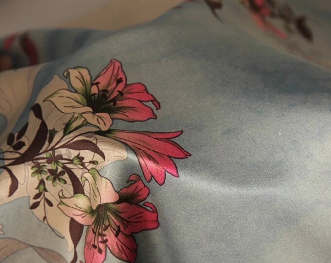 59"W Qipao & Cheongsam silk satin fabric, Lily pattern, Gambiered Sewing fabric, Upholstery, Decor, Costume/Fabric by the meter, 3 colors
