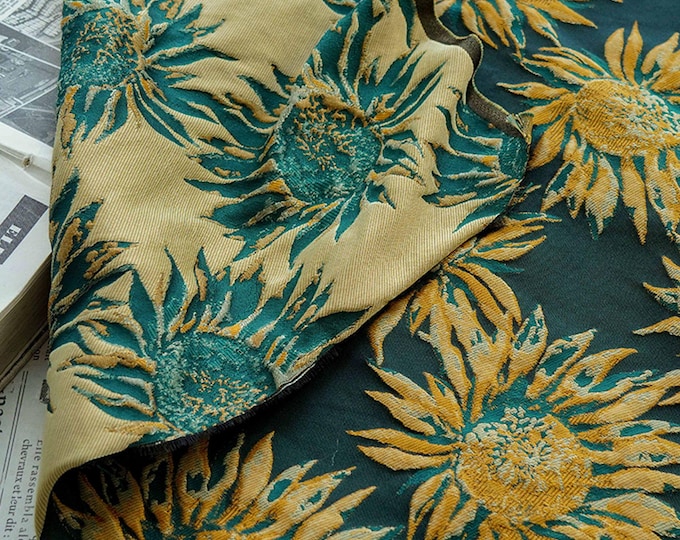3D Embossed Sunflower Jacquard Fabric – Textured Woven Upholstery & Decorative Material, 55"Wide