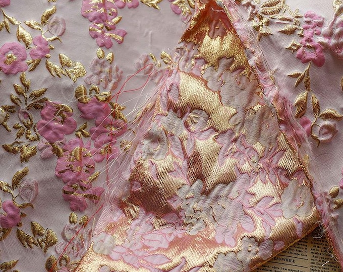 PINK gold leave flower jacquard fabric, 3D fabric, designer fabric, 57"W,Upholstery,Decor,Costume,Curtain,Handbag,Sewing/Fabric by the meter