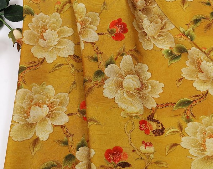 Golden Yellow Blossom Branch Lightweight Brocade Jacquard Fabric – Shiny Floral Material for Cheongsam & Dresses