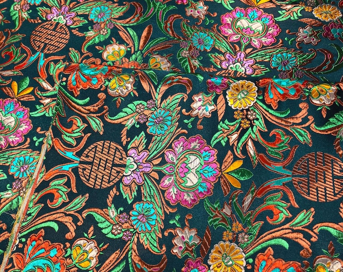 59"W Teal Jacquard Brocade Fabric – Longevity Peony Flower, High-Density Satin, Traditional Asian Textile for Quilting, Costumes, Home Decor