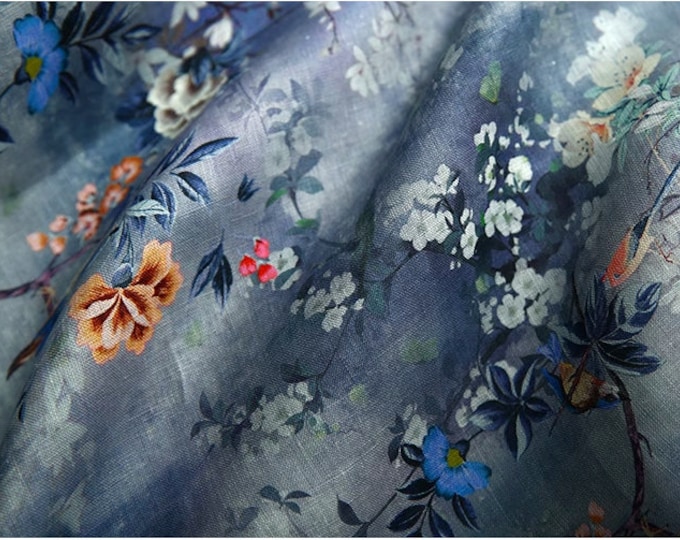 100% Ramie Fabric Birds and flowers For Clothing & Home Textile, 55“W, Upholstery, Costume, Curtain, bag, Sewing, Scarf/Fabric by the meter