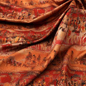 58&quot;W Ancient Chinese Famous paintings tea silk satin fabric, Palace outing pattern, Sewing fabric, Qipao Cheongsam, DIY, doll making, Kimono