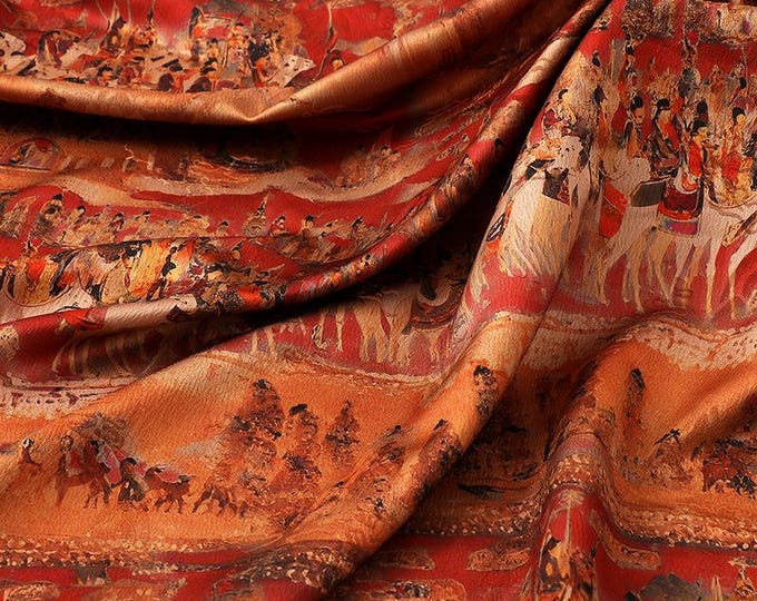 58"W Ancient Chinese Famous paintings tea silk satin fabric, Palace outing pattern, Sewing fabric, Qipao Cheongsam, DIY, doll making, Kimono