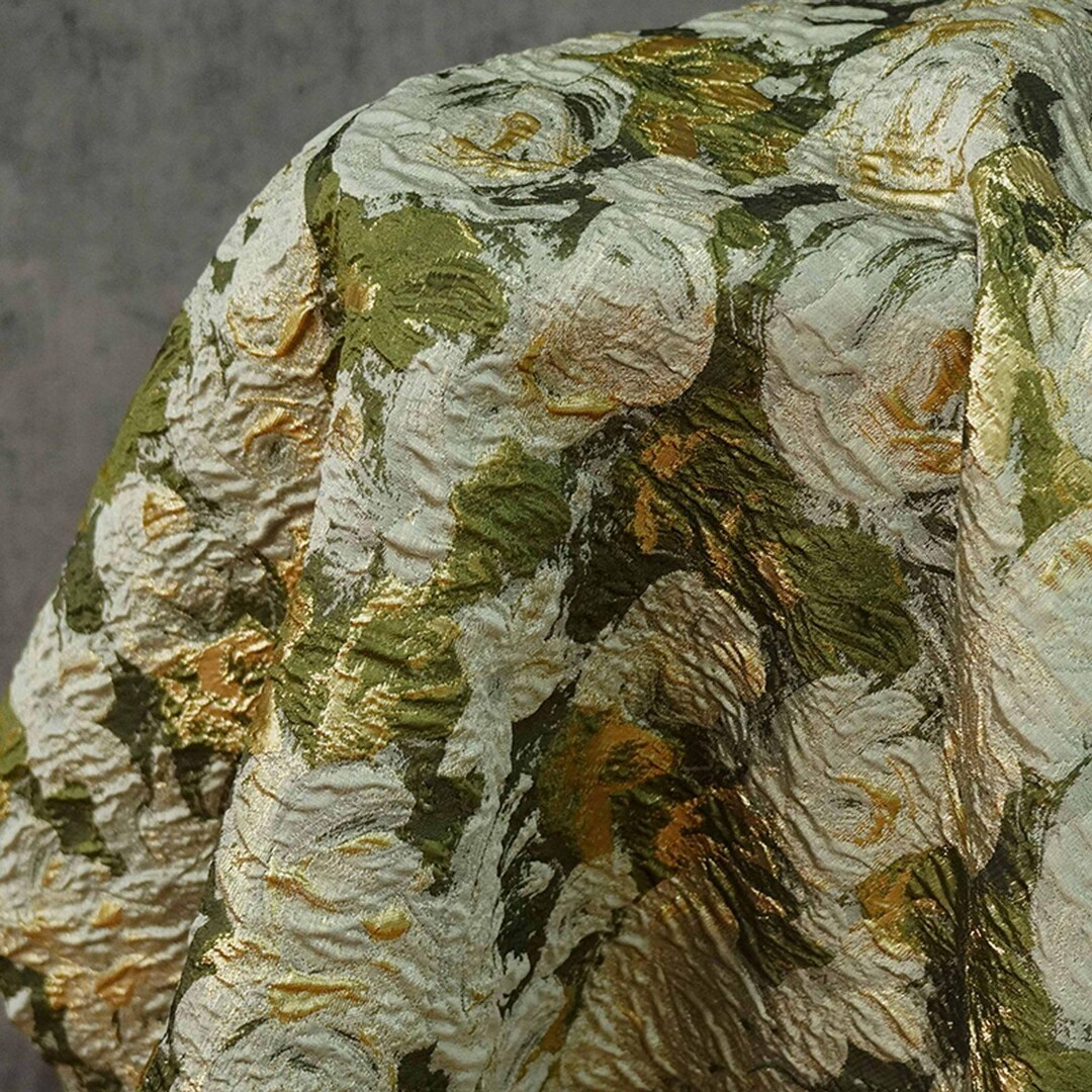 Green Jacquard Woven Fabric: 3D Gold Thread Embossed Texture, 57