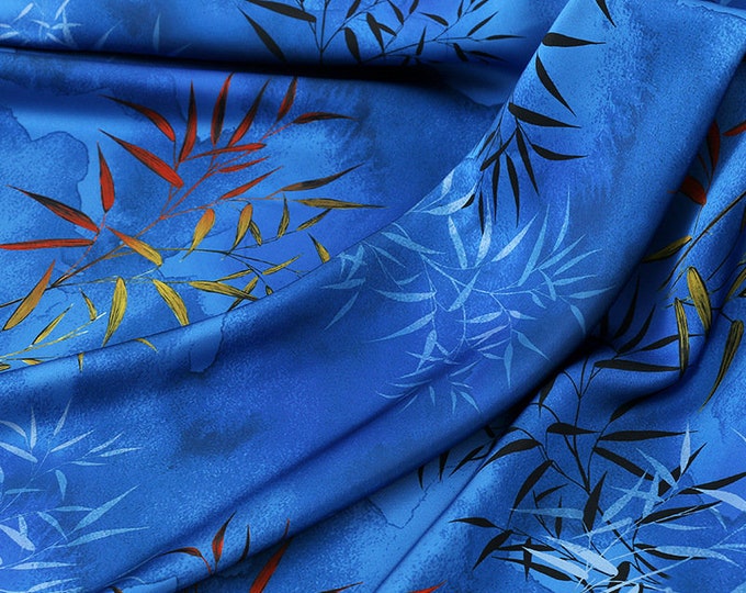 59"W ink painting bamboo flower dill botanical print fabric, Shawl, Upholstery, Decor, Costume, Curtain, Handbag, Sewing/Fabric by one meter
