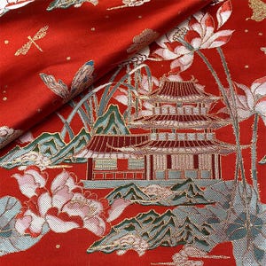 59"W Gorgeous China Ancient Architecture Jacquard Brocade Fabric, Curtain, Dress, DIY, Sewing, Furniture, Decor, drapery, Upholstery/Fabric