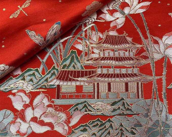 59"W Gorgeous China Ancient Architecture Jacquard Brocade Fabric, Curtain, Dress, DIY, Sewing, Furniture, Decor, drapery, Upholstery/Fabric