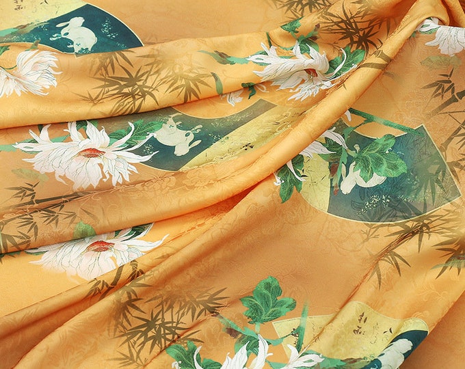 59"W Ancient pattern Tea silk Rich Texture satin fabric, Traditional, Upholstery, Decor, Costume, Curtain, bag, Sewing, drapery, DIY/Fabric