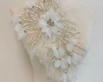 Beaded Sequin Lace Applique Pair: Chiffon Floral Embroidery Trim