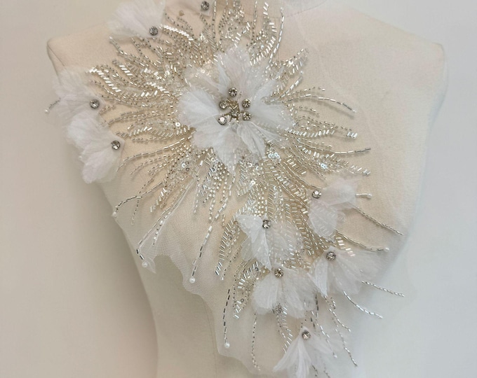 Beaded Sequin Lace Applique Pair – Chiffon Embroidery DIY Floral Trim for Bridal Veils, Dance Costumes, Headpieces, Wedding Dress
