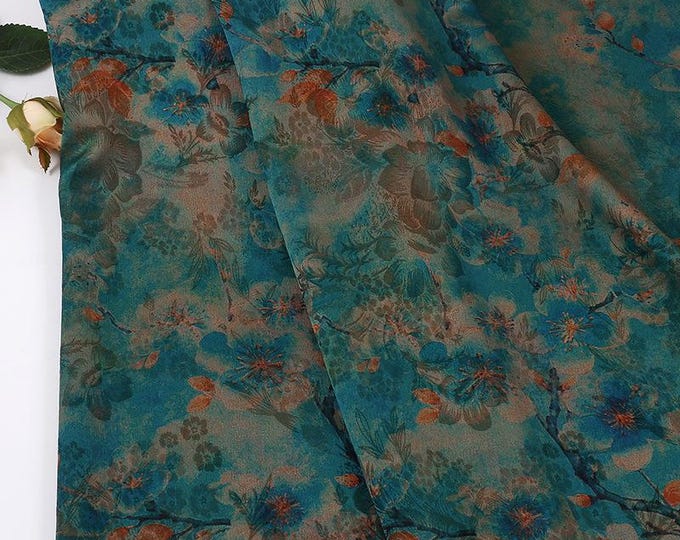 Red Cloud Gauze Fabric with Ink-Dyed Peony Blossom Print, 59"Wide