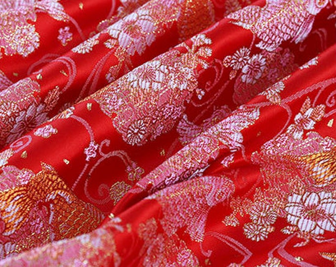 57"W Chinese style koi Silk Brocade Fabric, Decor, Table cloth, bed runner, Cheongsam, Upholstery, Costume, bag, Sewing/Fabric by 1 meter