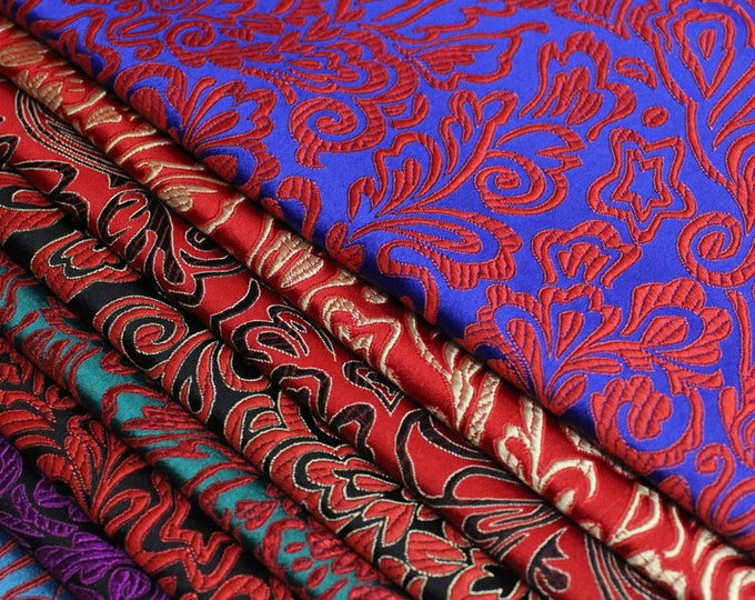 29.5"W Chinese Silk brocade woven damask fabric cheongsam cushion Phoenix tail pattern multicolors red black tapestry brocade fabric