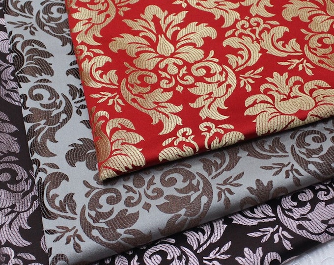 29.5"W Red Gold Coffee pink Silk Brocade Fabric Flower Design, Upholstery Drapery Fabric with lining, Chinese Fabric By 1 Meter on SALE