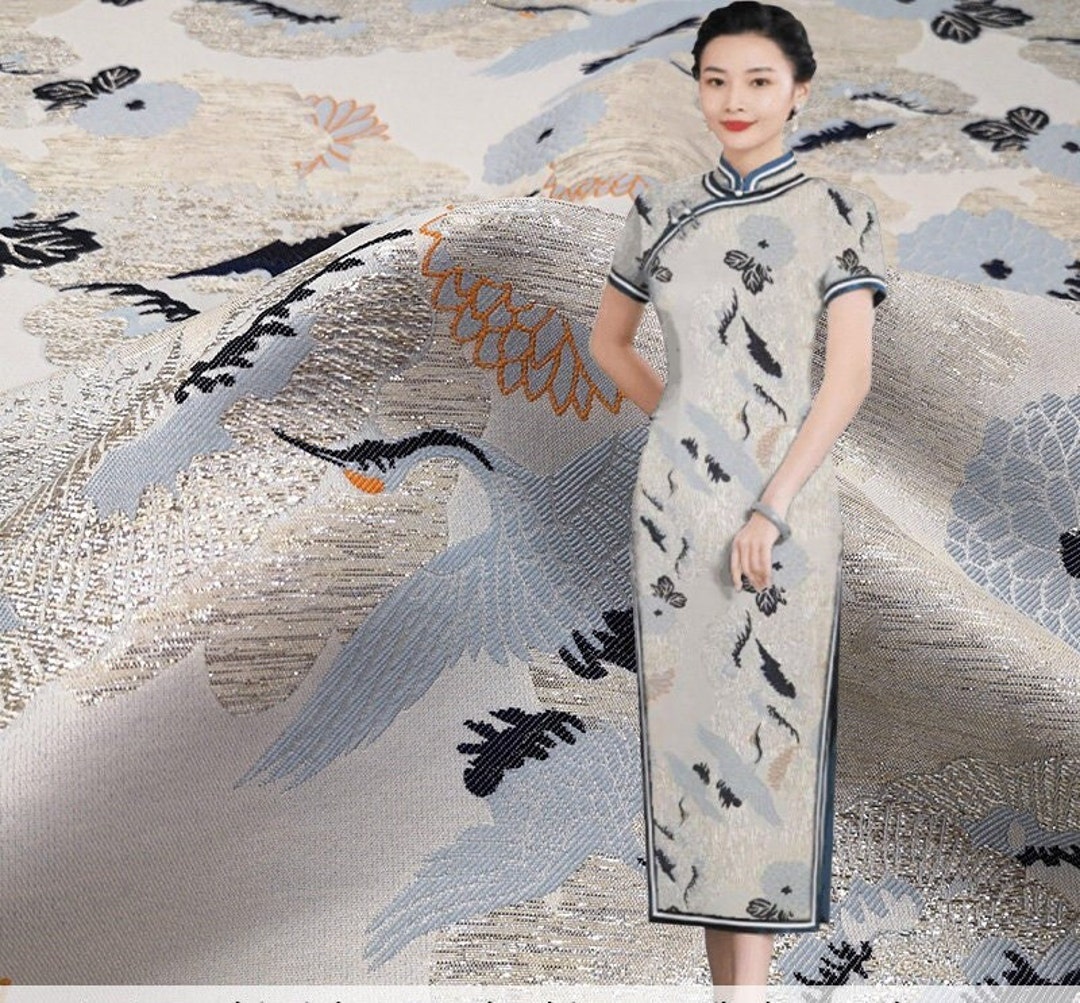 57w Chinese Classic Pattern, Crane Jacquard Satin Fabric, Retro Silk ...