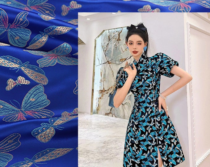 45"W Butterfly Brocade Fabric, Satin Brocade, Dress, Upholstery, Decor, Costume, Curtain, Handbag, Sewing/Fabric by the meter, 15 colors