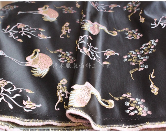 Shiny 57"W Premium Thousand Cranes Jacquard Satin Fabric, Brocade Fabrics By The Meters, Handbag Antique Cheongsam Sewing Fabrics, 3 colors