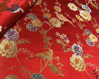 Classical golden bird peony jacquard brocade 59" W, cheongsam, Dolls, Kids, Qipao, Sewing, Upholstery, Decor, Costume/Fabric by the meter