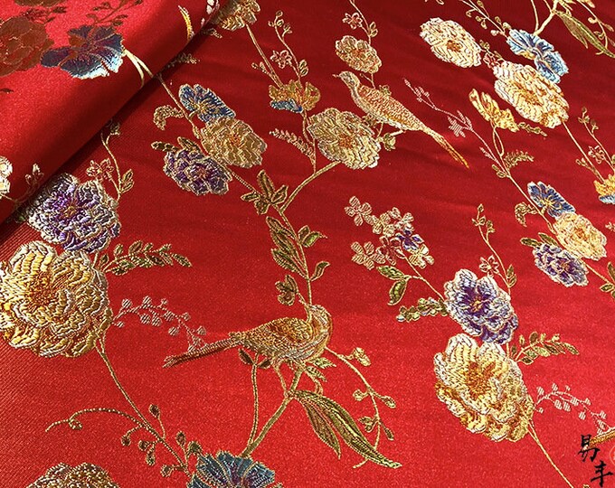 Classical golden bird peony jacquard brocade 59" W, cheongsam, Dolls, Kids, Qipao, Sewing, Upholstery, Decor, Costume/Fabric by the meter