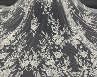 49"W Rayon Thread & Sequin Beaded Embroidery Fabric – 3/4mm Sequins for Wedding, Evening Dress, Cheongsam, see-through Soft Creative Fabric