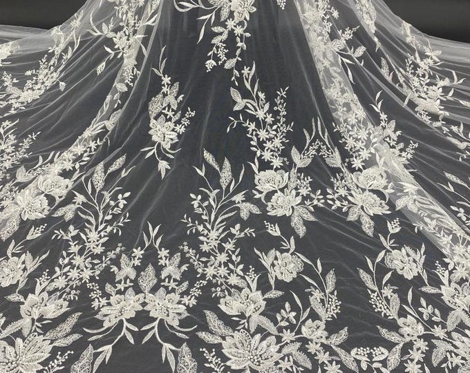 49"W Rayon Thread & Sequin Beaded Embroidery Fabric – 3/4mm Sequins for Wedding, Evening Dress, Cheongsam, see-through Soft Creative Fabric