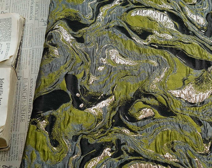 Gold Thread Jacquard Fabric: Green 3D Designer Upholstery, Costume & Sewing - 54"W