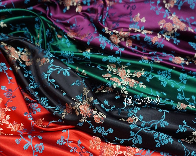 29.5"W Silk Brocade Damask Fabric even branch peony, Dress Fabric, Upholstery, Decor, Costume, Curtain, Handbag, Sewing/Fabric by the meter