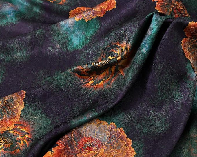 59"W Ancient big peony Tea silk satin fabric, 3 colors, Upholstery, Decor, Costume, Curtain, bag, Sewing, drapery, DIY, quilting/Fabric