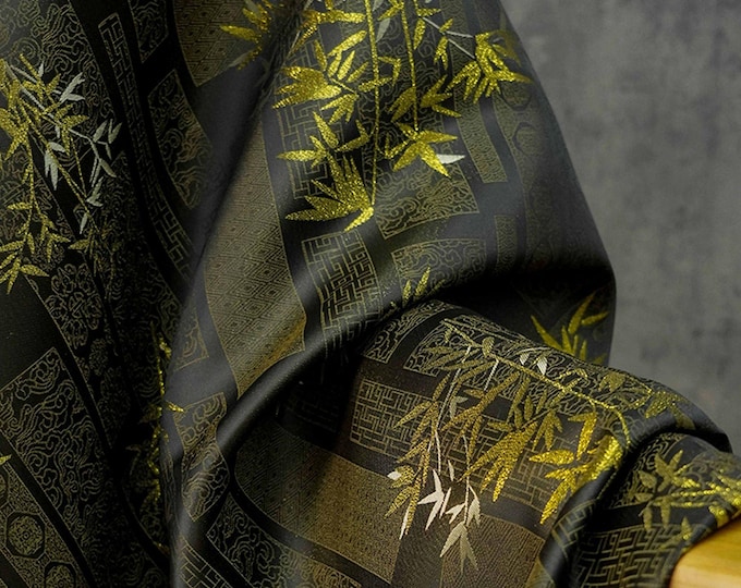 59”W Japanese Silk brocade Fabric, foil bamboo Jacquard damask Fabric, Upholstery, Decor, Costume, Curtain, bag, Sewing/Fabric by the meter