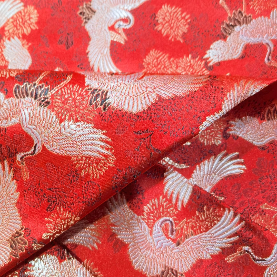59w Red Birds Fabric Chinese Crane Jacquard Satin Etsy