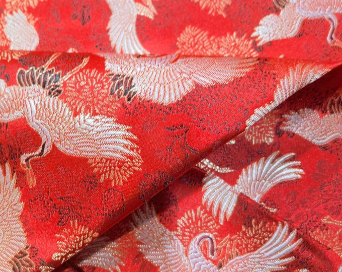 59"W Red Birds Fabric, crane pattern Jacquard Satin Fabric, Brocade Fabrics By The Meters, Handbag Antique Cheongsam Sewing Fabrics