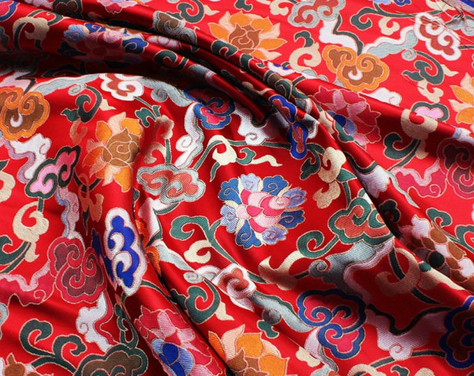 Tibetan Buddhist Lotus Fabric Tibetan brocade satin Shu brocade, Embroidery Lotus pattern, 28"W Upholstery, Quilting and Sewing fabric