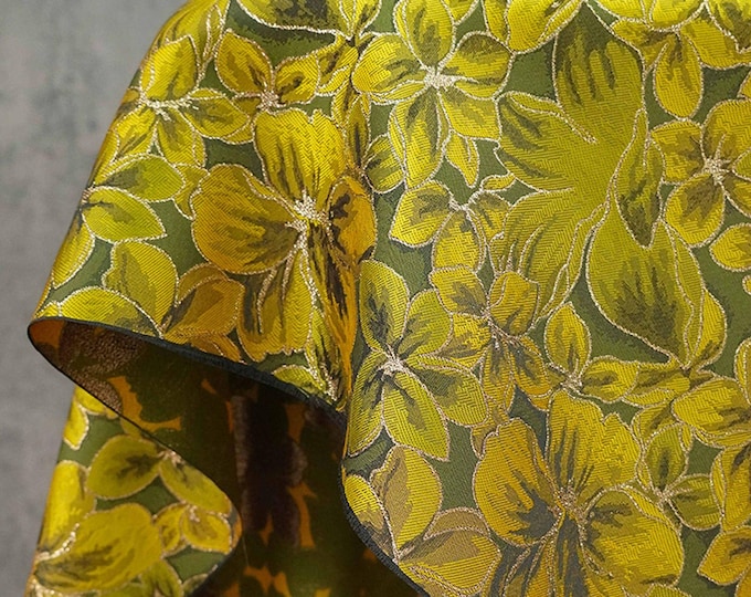 Woven Camellia Jacquard Fabric: Gold Floral Upholstery & Dressmaking - 65"W