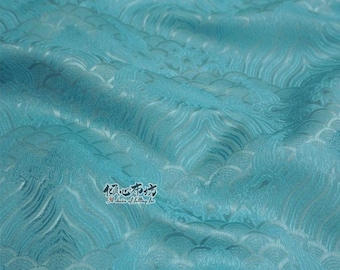 Teal Traditional Sea Ocean waves fabric, Silk rayon jacquard brocade Fabric, 29"in Width, fabric for dresses, skirts, shirts, Wedding